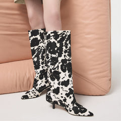 Everose in White Black - Knee-high boot, Kitten heel