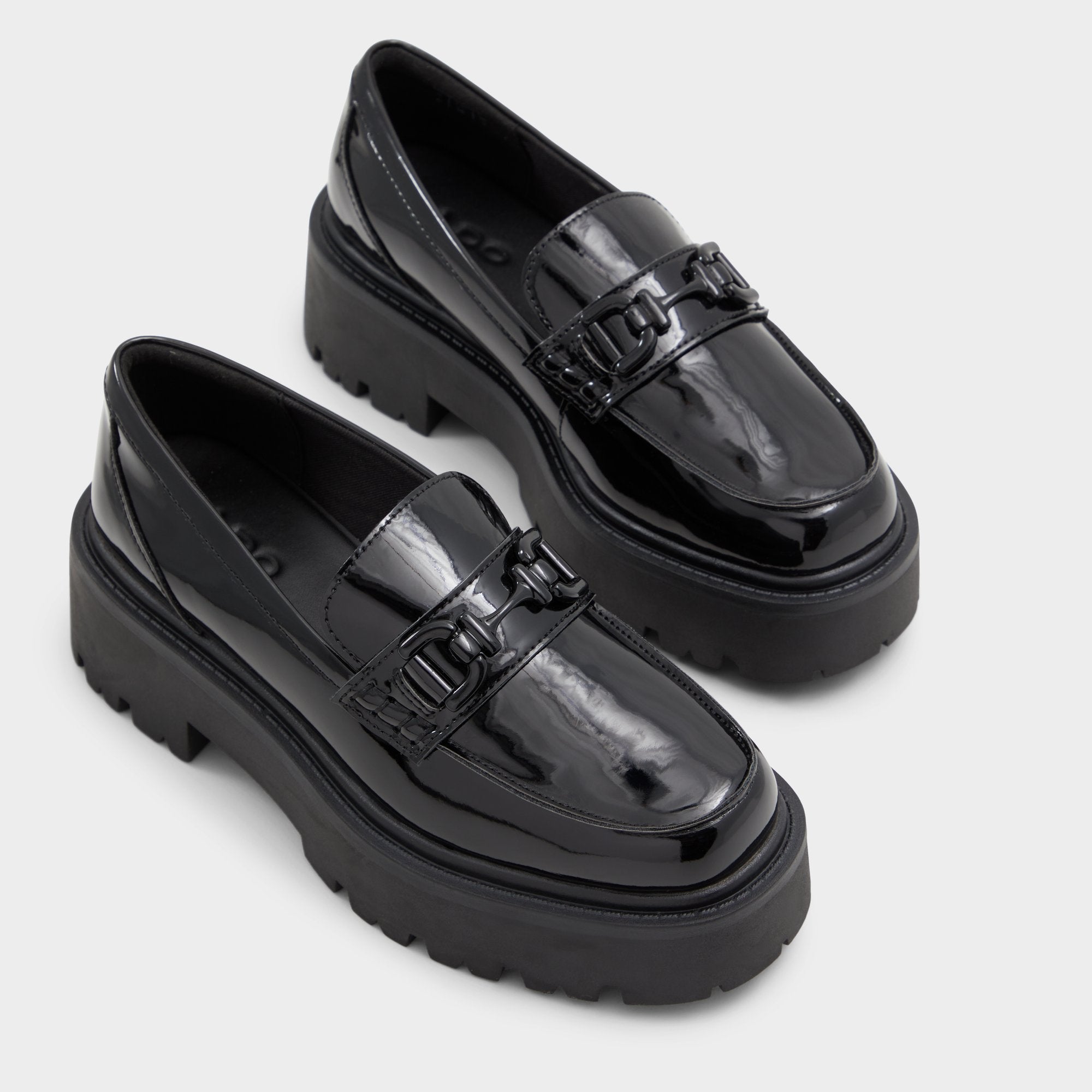 Oneameth Black Synthetic Patent Women's Loafers & Oxfords - Loafer, Lug sole