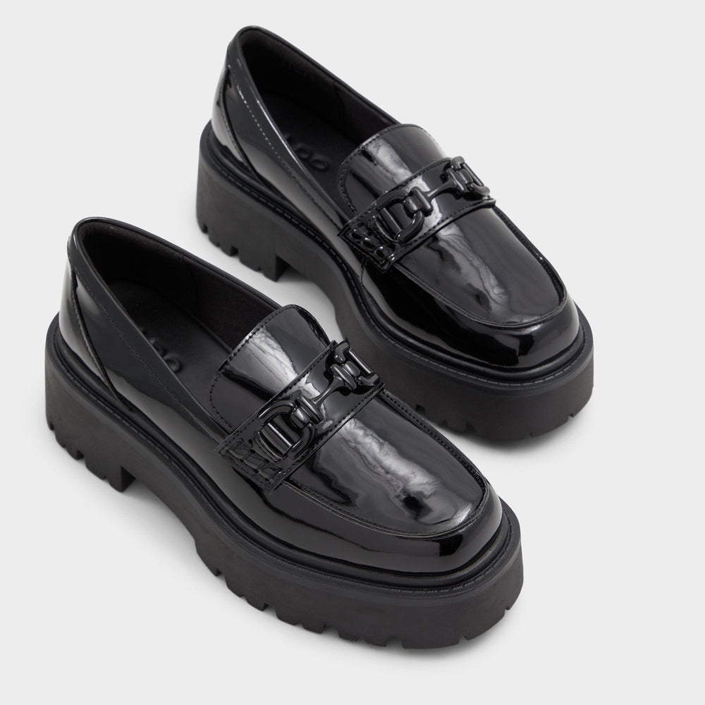 Oneameth Black Synthetic Patent Women's Loafers & Oxfords - Loafer, Lug sole