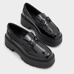 Oneameth Black Synthetic Patent Women's Loafers & Oxfords - Loafer, Lug sole