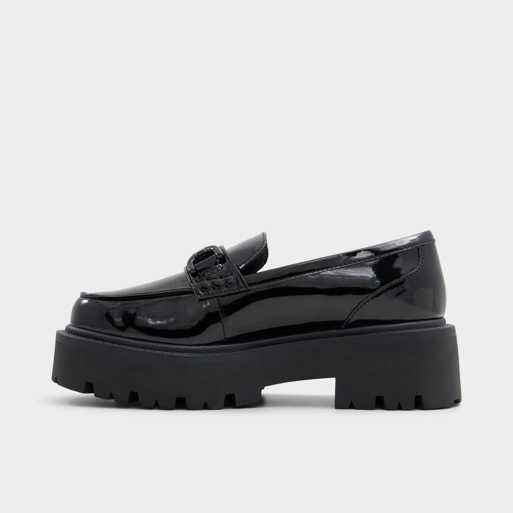Oneameth Black Synthetic Patent Women's Loafers & Oxfords - Loafer, Lug sole