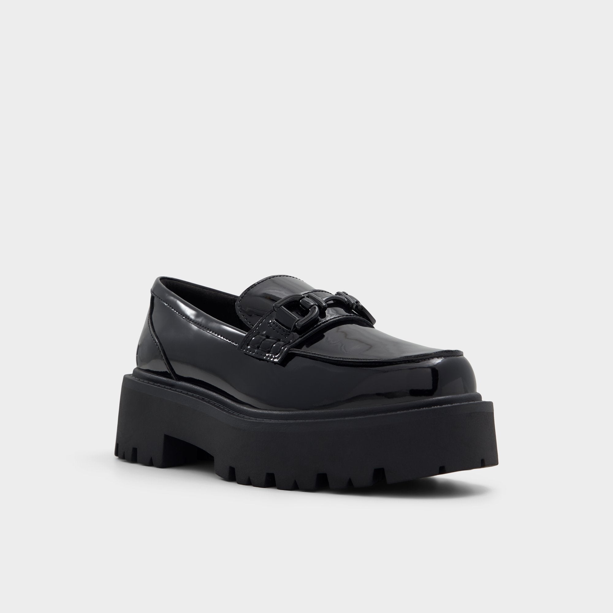 Oneameth Black Synthetic Patent Women's Loafers & Oxfords - Loafer, Lug sole