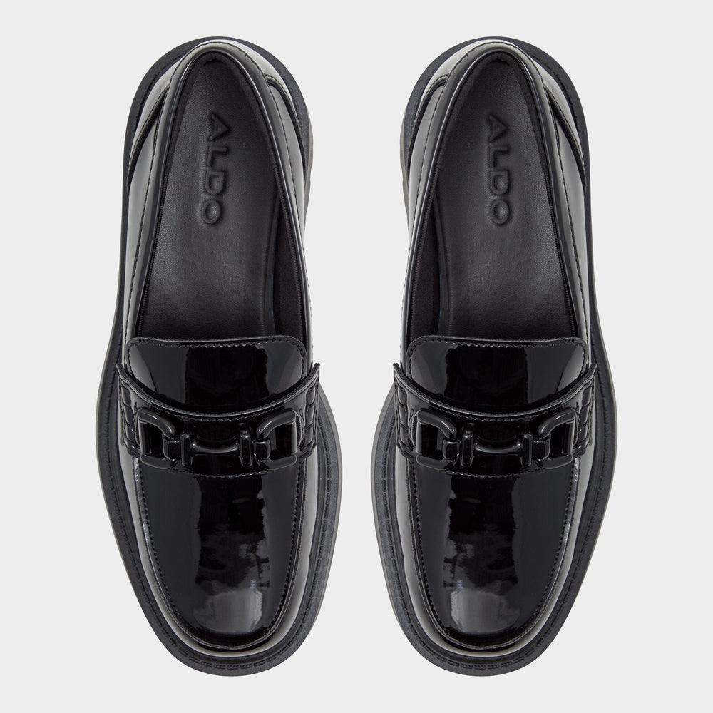 Oneameth Black Synthetic Patent Women's Loafers & Oxfords - Loafer, Lug sole