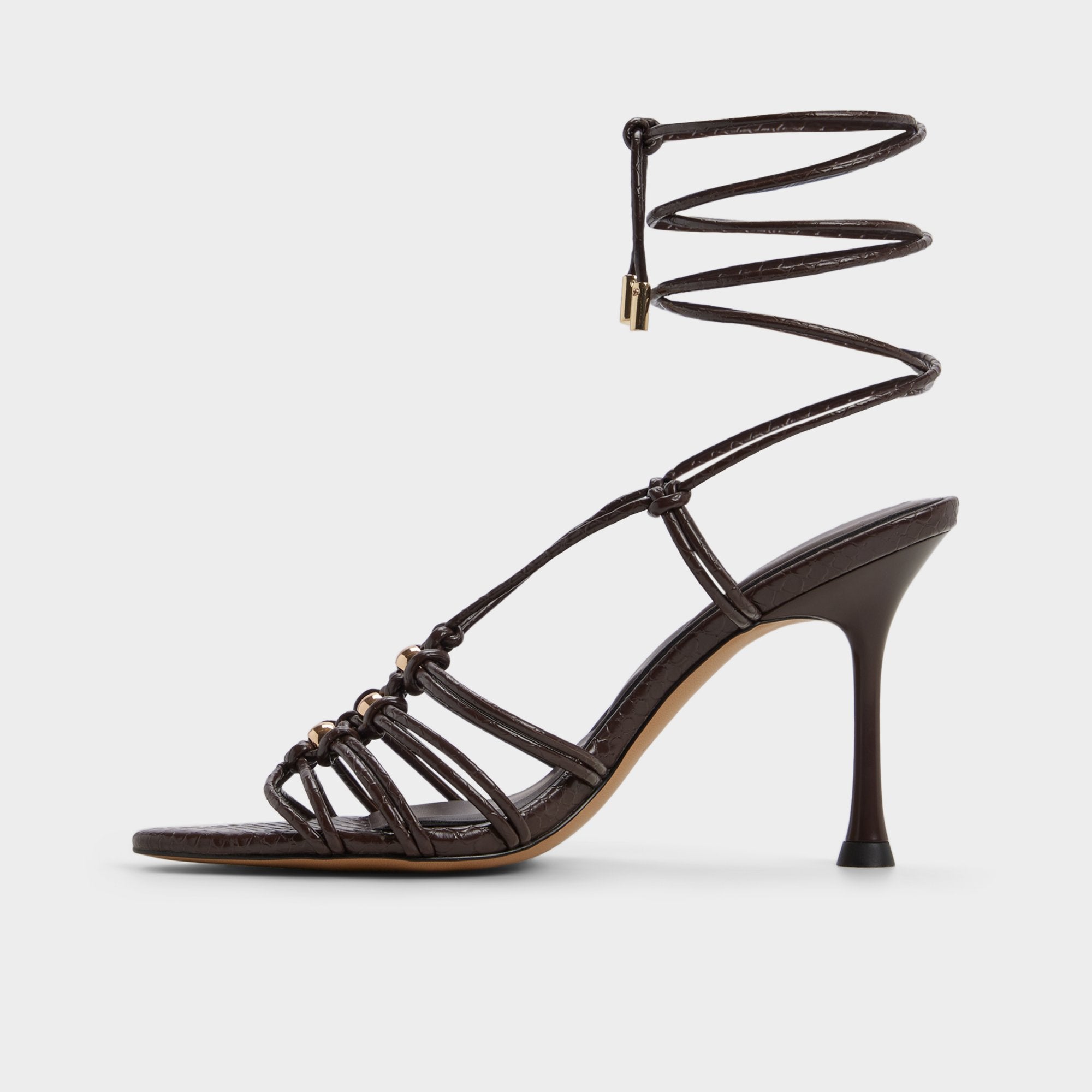 Curacao in Dark Brown - Strappy heeled sandal, Stiletto heel