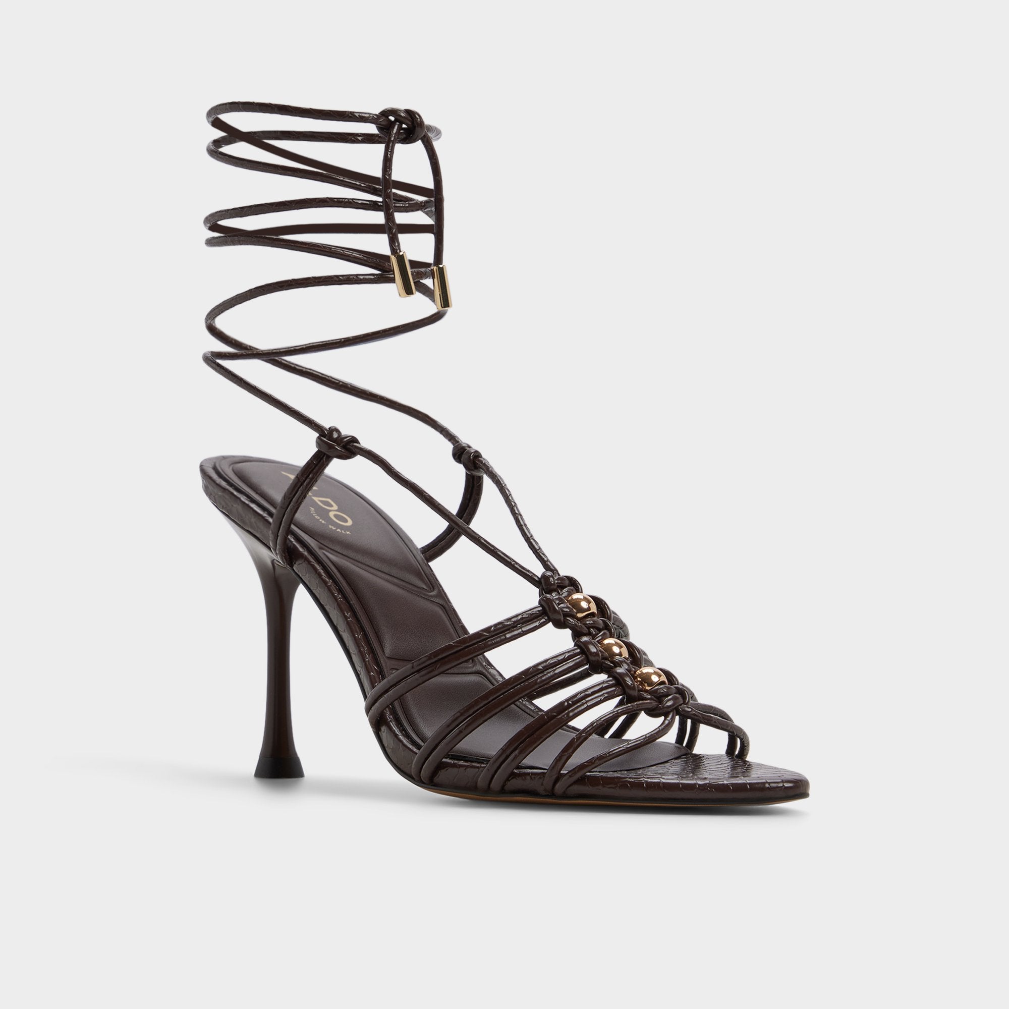 Curacao in Dark Brown - Strappy heeled sandal, Stiletto heel