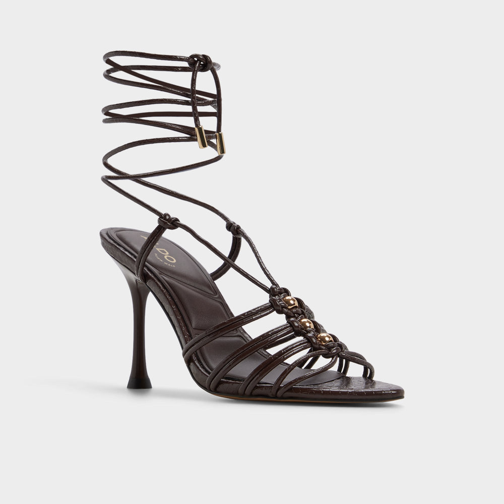 Curacao in Dark Brown - Strappy heeled sandal, Stiletto heel