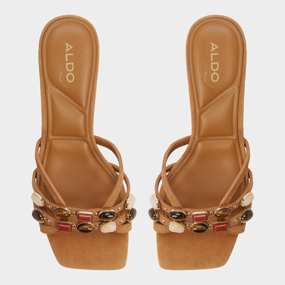 Jemstone in Medium Brown - Strappy heeled sandal, Block heel